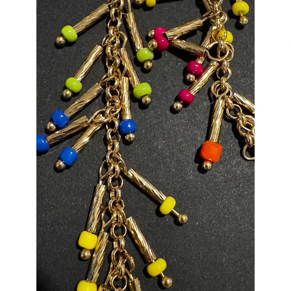 Boho Gold Tone Multi Color Seed Bead Tiered Dangle Statement Earrings
